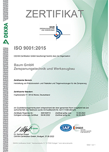 Zertifikat iso 9001:2015 für Baum GmbH Büren